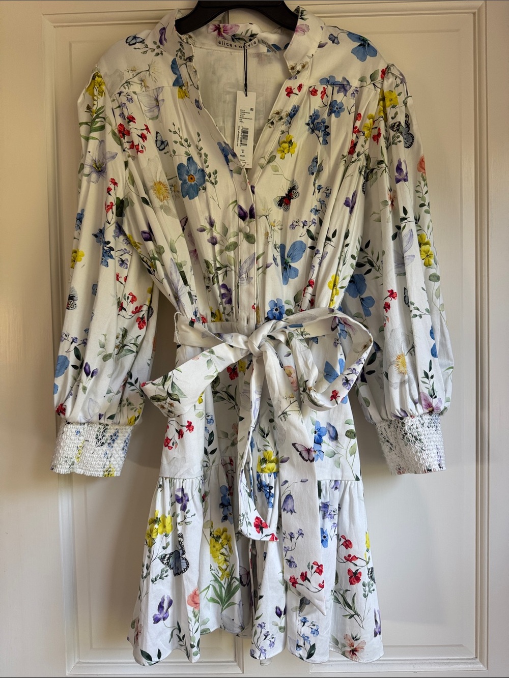 Alice + Olivia White Floral Tie-Waist Dress with Multicolor Blooms